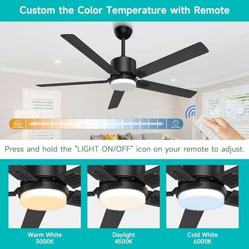 Image of Obabala 60 Inch Ceiling Fan with Light,Ceiling Fans with Remote Indoor Outdoor DC Motor Black Ceiling Fan with Light LED for Patios,Garage,Dining Room, Bedroom, Kitchen, Living Room, Farmhouse