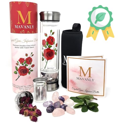 Mavanly Crystal Water Bottle: Rose Double-Walled Glass with Crystals, Eco-Friendly