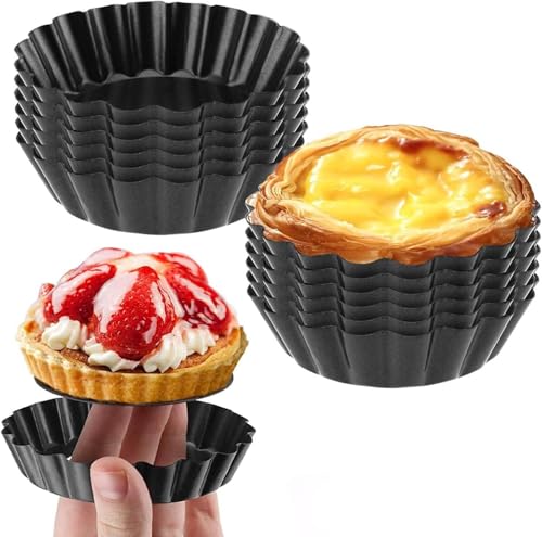 NEXROLA Pirottini per tartelette, 8 cm x 12 pezzi, rotondi, antiaderenti, con fondo sollevato, per tartellette, in acciaio al carbonio, per torte, riutilizzabili