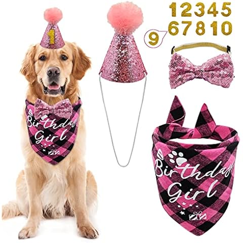 Dog Birthday Party Supplies, LMSHOWOWO Reusable Girl Dog Birthday Bandana Scarf Set, Cute Dog Birthday Hat with Number Bow Tie for Small Medium Large Dog Pet (Pink) Cover