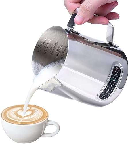 Milk Frother Cup, Dailyart 304 Stainless Steel Milk Frothing Pitcher with Thermometer - Milk Pitcher with Scale Espresso Machine Accessories for Coffee, Cappuccino, Espresso, Latte Art (600ml/20oz)
