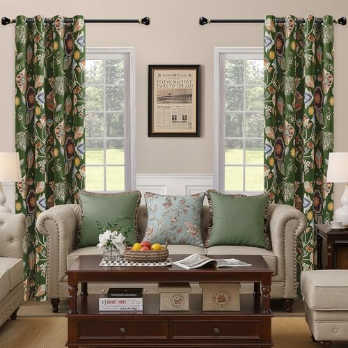 Image of XiDi Green Floral Blackout Curtains 90 Inches Long 2 Panels Black Out Drape