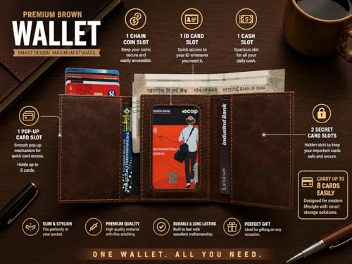 Image of Slim Leather Card Holder Wallet, Black, RFID Blocking, Zipper Pocket, Pop-Up Card Ejector (Brown)