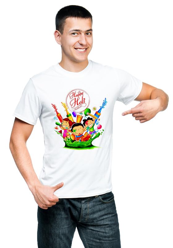 Image of Knitted Polycotton Fabric Regular Fit Men Boys Half Sleeve T-Shirt for Festival of Holi Style 18 White Size : Free