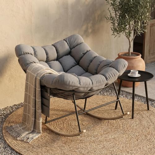Fiutazge Mecedora Jardin Exterior con Cojín Acolchado,Sillón de Huevo Oscilante Silencioso,Carga Máxima 180kg,Silla Mecedora para Salón Balcón Patio Estudio,Gris