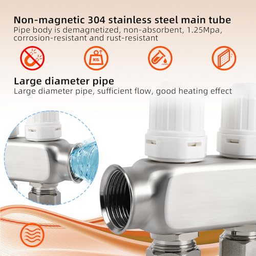 Image of FAHKNS Radiant Heating Manifold, 2 Loop Pex Manifold 1 /2 inch Adapters for Hydronic Radiant Floor Heating Stainless Steel Radiant Heat Pex Manifold Set