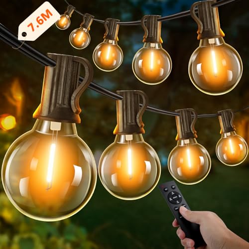 Kangtaixin 7.6M Lichterkette Außen mit Timer, LED Lichterkette Strom Outdoor mit 12+2 G40 Glühbirnen, 4 Modus und Dimmbar Lichterkette Wasserdicht für Garten Balkon Terrasse Party Hochzeit (Warmweiß)
