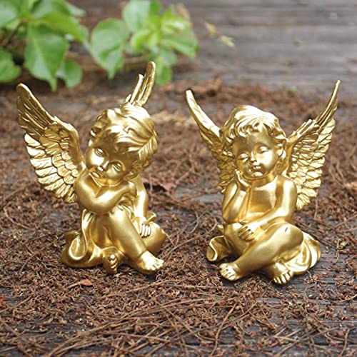 OwMell Set of 2 Cherubs Angels Resin Statue Figurine, Indoor Home Decoration, Adorable Angel Sculpture Memorial Statue 4" - Gold - Image 5