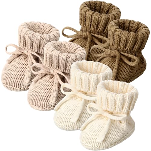 Evervibe 3 Pairs Knitted Baby Booties 0-6 Months Newborn Baby Shoes First Walkers Cozy Shoes for Infant Boy Girl(Beige, Bronze, Light Camel)