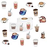 500Pcs Cute Coffee Stickers, Cartoon Drink 1 Inch Labels with 8 Patterns Decal Rolls Self Adhesive Seals for Scrapbooking Cards Envelopes， Gifts for Kids Teens Adults for Birthday Party Supply Reward