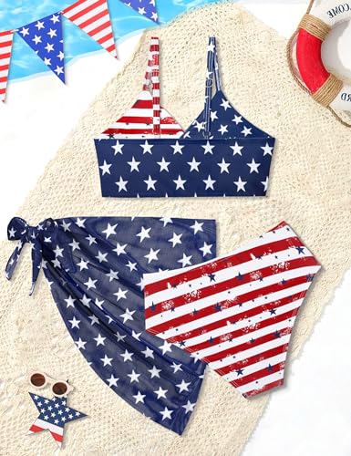 Image of Girls Swimsuit, Bathing Suits 3 Piece Tropical Floral Twist Cross Bikini Sets Girls' Swimwear with Cover Up Skirt 7-16T