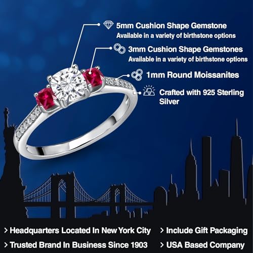 Gem Stone King 1.00 Cttw White Moissanite and Red Created Ruby Ring For Women | 925 Sterling Silver | 5MM and 3MM Cushion | 3 Stone Wedding Engagement Anniversary Promise Ring2