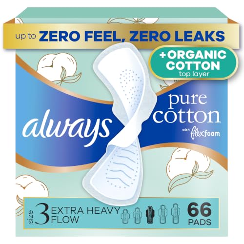 Always Pure Cotton, Organic Cotton top Layer Pads for Women with Wings, Feminine Care, Period, Menstrual, Sanitary, Postpartum, toallas sanitarias para Mujer, Size 3 Extra Heavy, Unscented, 66ct - image 1