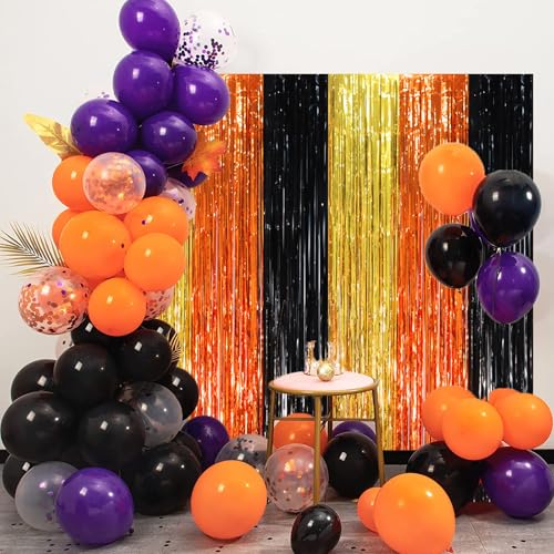 Image of Voircoloria 2 Pack Black Gold Orange Foil Fringe Backdrop Curtains, Tinsel Streamers Party Decorations, Fringe Backdrop, Door Shimmer for Construction or Birthday Party