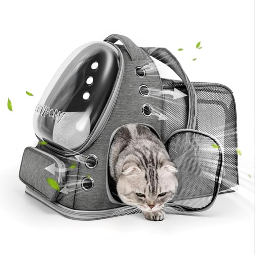Image of Cat Backpack Carrier, Breathable Cat Carrier Large Space Bubble Pet Backpack for Kitty Small Dog up to 15lbs, Transparent & Foldable Pet Carrier for Travel Hiking (Square Expandable- Grey)