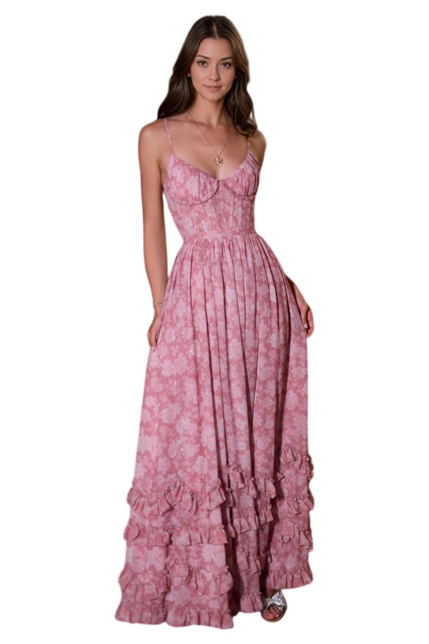 seezom Floral Printed Prom Dresses for Women Teens Chiffon V-Neck Formal Evening Gown Long Ruffles Carmen Dress