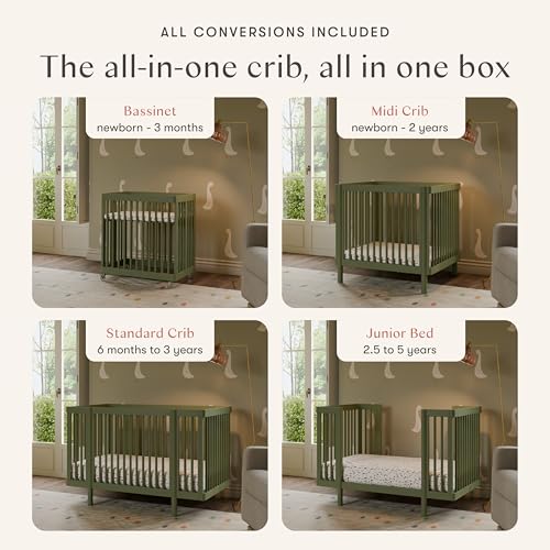 Image of Babyletto Pogo Convertible All-Stages Bassinet, Midi, Full-Size Crib in Olive Green, GREENGUARD Gold Certified, Portable & Adjustable with Conversion Kits and Pads Included