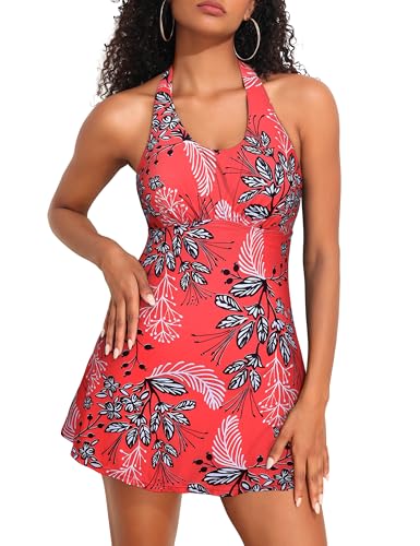 Hilor Women's Underwire One Piece Swimdress Tummy Control Halter Swimsuit with Skirt Slimming Swim Dress Bathing Suit2
