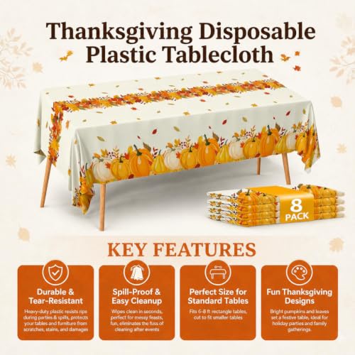 Image of Fall Plastic Tablecloth 12 Packs Thanksgiving Disposable Table Cloth 54x108 Rectangle Table Cover with Pumpkin & Maple Leaf for Holiday Dinner Party Decorations Outdoor Picnic & Baby Showers