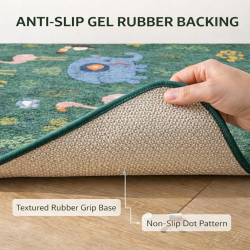 Image of Matz&More Kids Play Area Rug | 100x150 cm | Green Jungle Animal Design| Soft Nylon Loop Pile Carpet with Anti-Slip Backing | Children's Play, Bed & Classroom Floorings