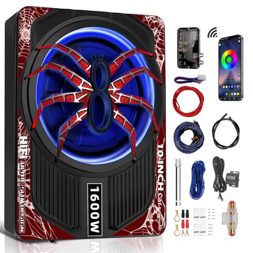Image of 1600W 10 inch Slim Under Seat Subwoofers with Built-in Amp | LED Ambient Light, Deep Bass, Individual Controls (LPF /Gain /Bass Boost), High Output Distortion-Free Audio, Suitable for All Vehicle Models (b)