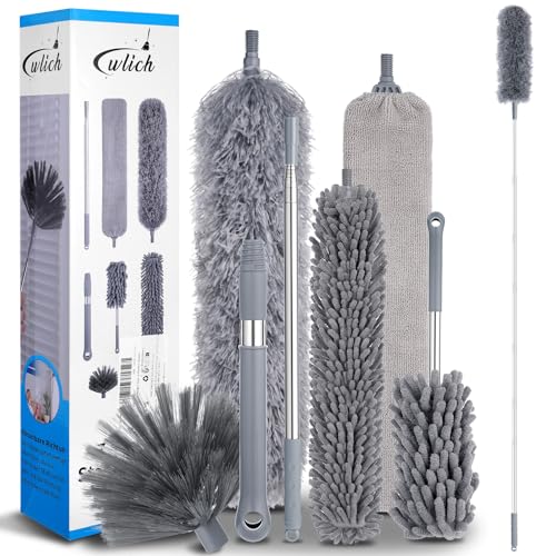 Wlich 8 Teiliges Staubwedel Teleskop Mikrofaser, Staubwedel Lang Ausziehbar mit Teleskopstange bis 250cm Staubwischer Waschbar für Spinnweben Hohe Decken Lücken, Wiederverwendbares Reinigungsset
