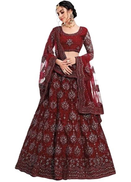Women's Traditional Net Embroidered SEMI-STCHED Lehenga Choli Set, Maroon, Round Neck, 3 Piece with Thread Work and Hook Closure-image-42