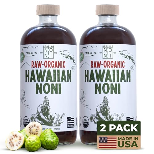 healing noni - 2-pack glass bottle 32oz - hawaiian sparkling raw organic juice - all-natural farm direct