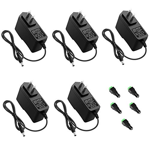 ALITOVE 12V 1A Power Supply AC Adapter 100-240V 50-60Hz to DC 12 Volt Transformer 12W Replacement Power Cord 5.5 x 2.5mm/2.1mm Tip for CCTV Security Camera DVR NVR System Router LED Strip (5 Pack)