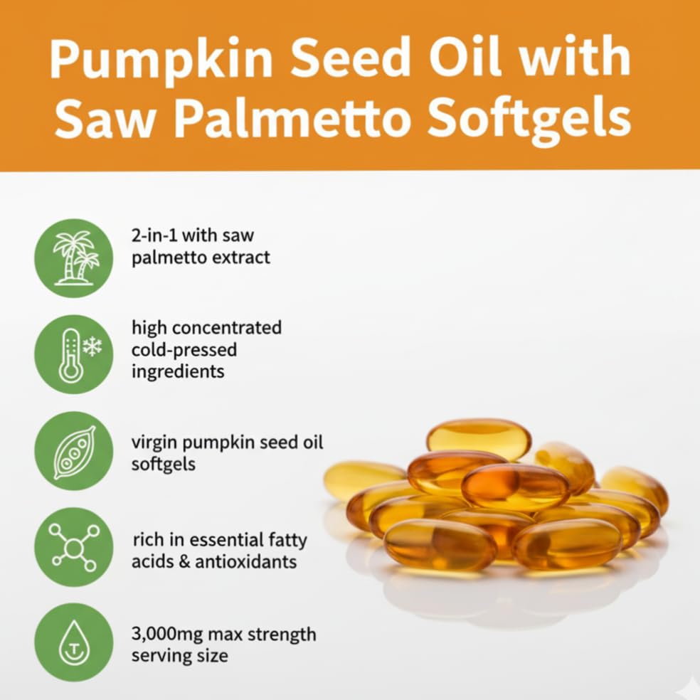 Cures For Life Aceite de Semilla de Calabaza con Palma Enana – 3000mg Por Porción, 300 Cápsulas Blandas | Aceite Virgen Prensado en Frío | Apoya la Próstata, la Vejiga, la Salud Urinaria y el Cabello 4