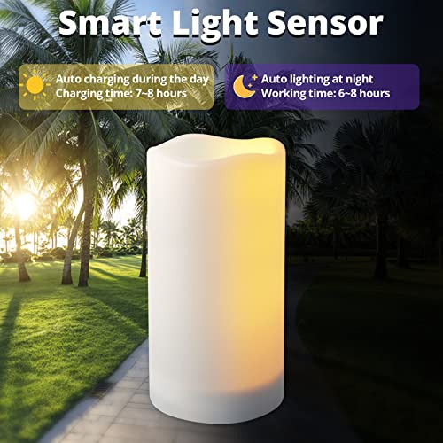 Image of NURADA Large Outdoor Solar Powered Candles - Flameless Pillar Waterproof Rechargeable Candle Set, White Resin, LED Light, Rechargeable Solar Battery Included, Waterproof for Patio Decor 3.25 inch x 6 inch
