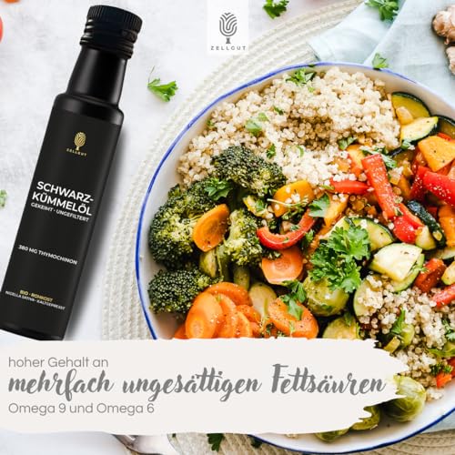 ZELLGUT© Bio SCHWARZKÜMMELÖL 250ml | rein, schonend kaltgepresst, GEKEIMT & nativ | aus original ägyptischem Schwarzkümmel | Frischegarantie: direkt vom Hersteller | 380 mg THYMOCHINON