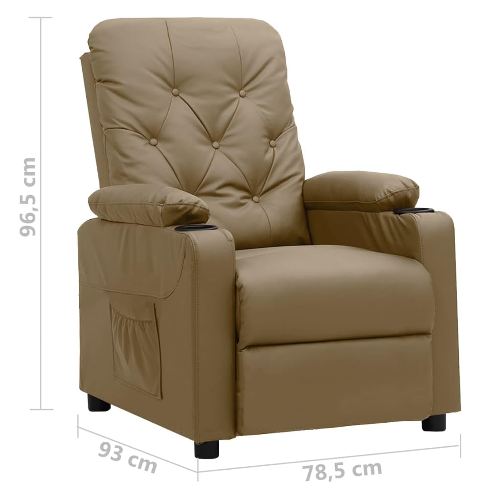 Fotel relaksacyjny Cappuccino-brązowy sztuczna skóra z regulowanym oparciem i podnóżkiem, stabilna rama drewniana i metalowa, ergonomiczny, wygodny fotel do salonu i kącika do czytania