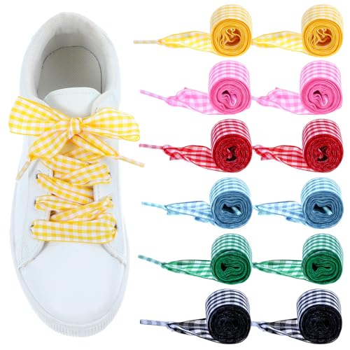 Nogeqi 6 Pair Satin Ribbon Shoe Laces for Sneakers Colored Gingham Flat Shoelaces for Women Cute Funny Ballet Shoe Strings Bag Decoration (6 Colors)