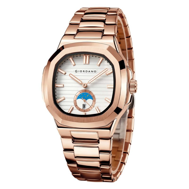 Image of Giordano Analog Watch for Men - Classic Moon Phase Design with Textured Dial, Durable Stainless Steel Strap, and Date Display