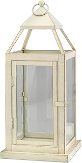 Serene Spaces Living Small Antique White Square Metal Lantern, Candle Holder, Decorative Hurricane Lantern for Wedding Aisle, Patio, Holiday, Party, Table Centerpiece, 6.25