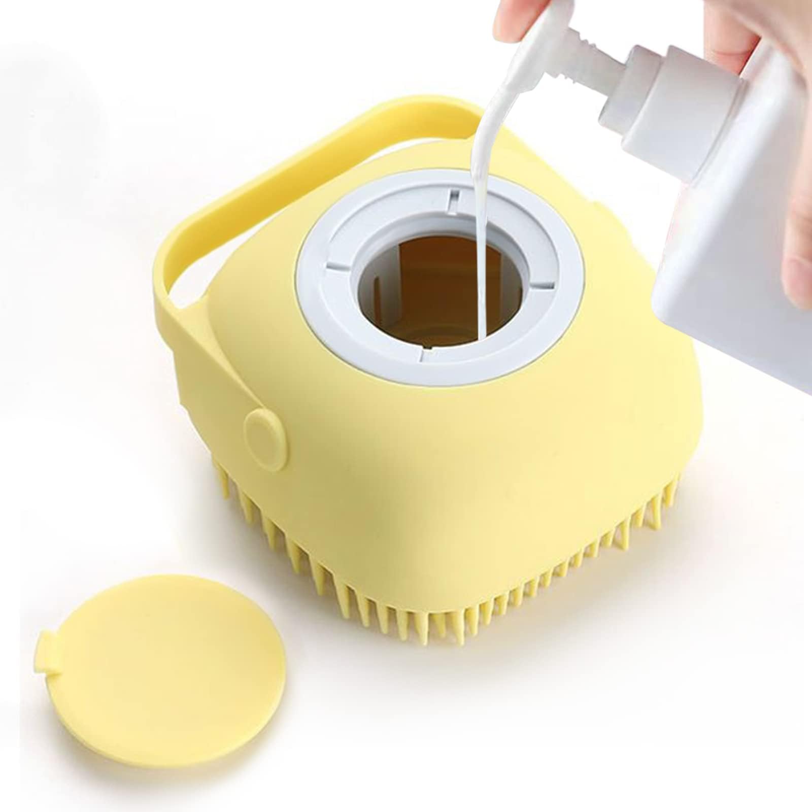 ELEGXELEGX Pet Grooming Bath Massage Brush with Soap and Shampoo Dispenser Soft Silicone Bristle for Long Short Haired Dogs Cats Shower (Yellow)