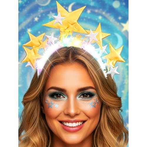Zoestar Diadema de corona de estrellas con luces LED, diadema de estrellas brillantes, aro de pelo brillante para novia, disfraz de festival, accesorios para el cabello para mujer