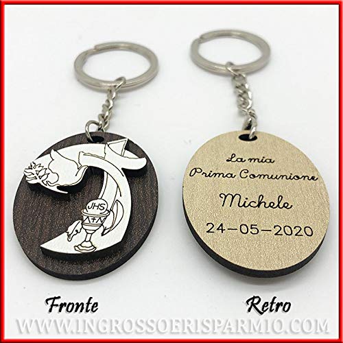 Ingrosso & Sparmium 20 Schlüsselanhänger mit Anhänger aus Holz in Form eines Kreuzes mit Kelch und Ostern, personalisierbar, originelle Gastgeschenke zur Erstkommunion (ohne Personalisierung)