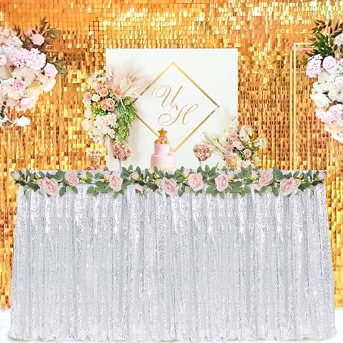 PATYDEST Silver Table Skirt 6FT Sequin Table Skirts for Ractangle Tables Sparkly Table Skirting Metallic Table Skirt Cloth for Wedding Happy Birthday Bridal Shower Cake Dessert Party Decorations