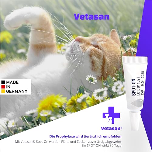 Vetasan Spot-ON für Katzen 4-7kg (M) | gegen Flöhe & Zecken | 3 Monate Schutz | ohne Chemie | Zeckenmittel für Katzen | Floh- und Zeckenschutz für Katze