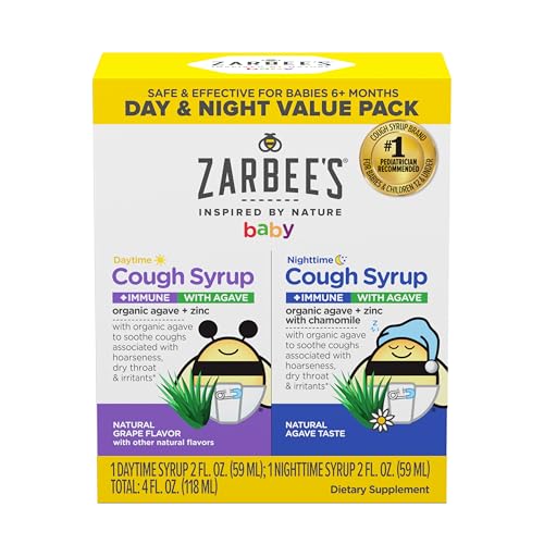 Zarbee’s Baby Day & Night Cough Medicine & Syrup Value Pack with Organic Agave + Zinc for Immune Support, Natural Grape Daytime & Chamomile Nighttime, Baby Cough Medicine, 2 x 2 fl oz