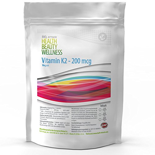 VITAMINA K2 (MK-7) 125 tabletas vegetarianas de 200µg para 4 meses - menaquinona natural para la coagulación de la sangre y el nivel de calcio - soporte para los huesos - Hecho en Alemania