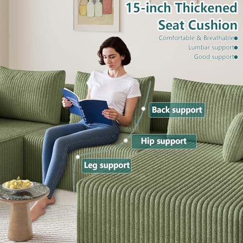Image of 107 inch U-Shape Cloud Couch, Modern Modular Sectional U-Shape Sofa, Corduroy Boneless Couch Upholstered Couches Deep Seat Sleeper Chaise Longue for Living Room, No Assembly Required,Green
