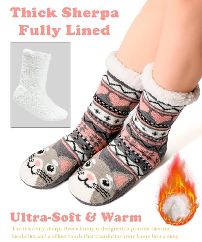 Fuzzy Slipper Socks for Women Girls Kids with Grips Warm Sherpa Lined Animal Cabin Socks Non Slip Indoor House Stocking Stuffers Christmas Gifts Cozy Winter3