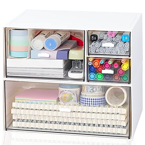 Image of Desk Drawer Organizer, Clear Makeup Organizer Storage Box with 4 Removable Plastic Drawers, Desk Organizer and Accessories for Home Collection Cosmetics Office Bathroom Counter Dresser (White)