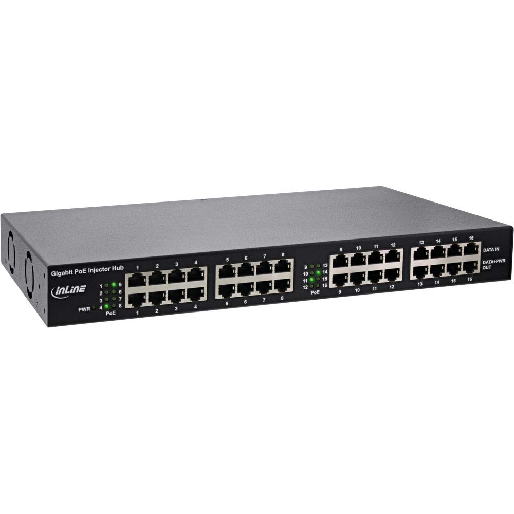 InLine® PoE+ Gigabit Injecteur réseau Hub 16 Ports (16 x PoE+), 1 Gbit/s, 19" (Angle Inclus), métal, 2 Ventilateurs