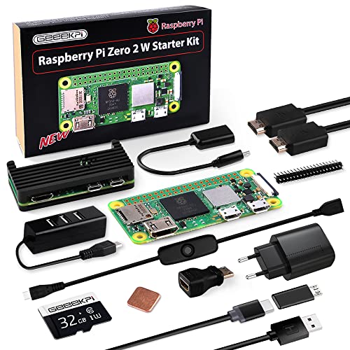 GeeekPi Raspberry Pi Zero 2 W Starter Kit,with RPi Zero 2 W Metal Case,32GB SD Card Preloaded OS,QC3.0 Power Supply,20 Pin Header,Micro USB to OTG Adapter,HDMI Cable,Heatsink,on/Off Switch Cable