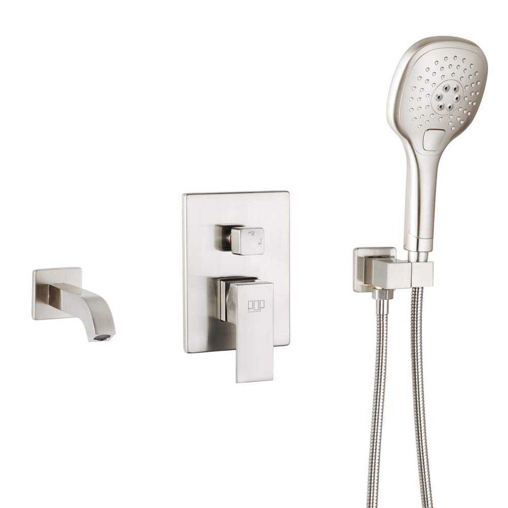 POP SANITARYWAREWall Mounted Tub Faucet with Handheld Shower Brushed Nickel Bathroom Wall Mount Tub Filler Spout Single Handle Bathtub Faucet with Valve and Trim Kit