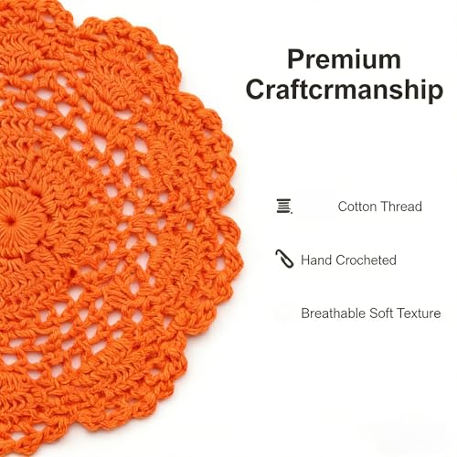 8 Round Crochet Doilies 4Pcs, Cotton Floral Lace Placemats, Handmade Embroidered Coasters for Table Furniture Wedding Decor (Orange)